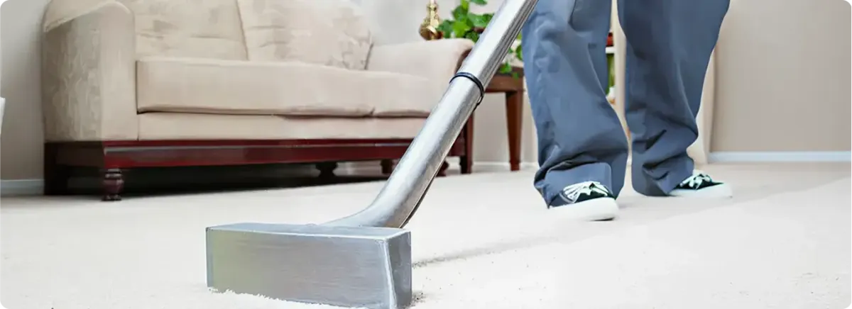 Carpet cleaning technician using a hot-water extraction wand on a light-colored carpet in a living room, Boston, MA.